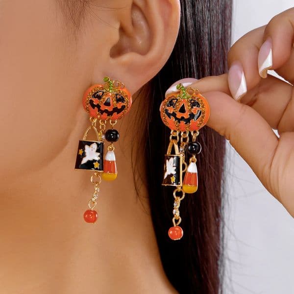 Halloween Pumpkin Dangle Earrings for Women Crystal Zircon Ghost Spider Long Tassel Dripping Oil Earring Party Festival Jewelry260527