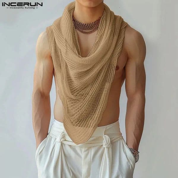 INCERUN Men Irregular Tank Tops Solid Color Turtleneck Sleeveless Transparent Vests Summer Streetwear Fashion Clothing 260527