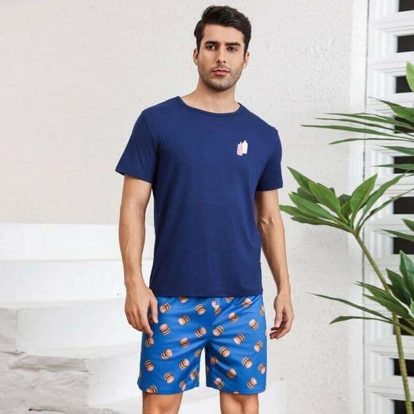 2026 Cartoon Print Pajama Set for Men Short-Sleeve Top with Shorts Hombre Fashionable Homewear Breathable Casual Pajamas Sets