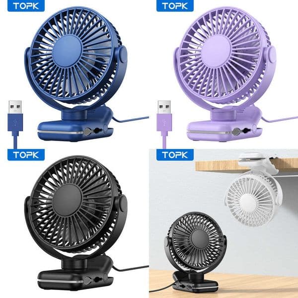 TOPK USB Clip on Desk Fan Brushless Motor Powerful Airflow Sturdy Clamp Ultra Quiet Portable Mini Personal Fan Office Bedroom Z26052697C8