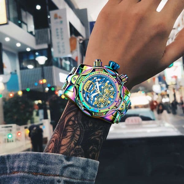 Hip Hop Iridescent Watch, Men's Skeleton Dial Quartz Wristwatch, Waterproof Rainbow Steel Party Watch