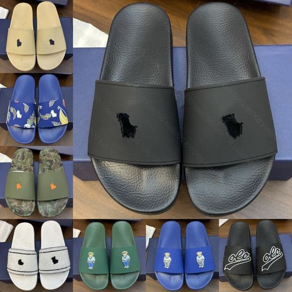 Designer Polo Slides Women Mens Bears Sport Slide Camo Flip Flops Slippers Black White Red Yellow Navy Green Pool Summer Flat Mule Beach Home Slipper Blue