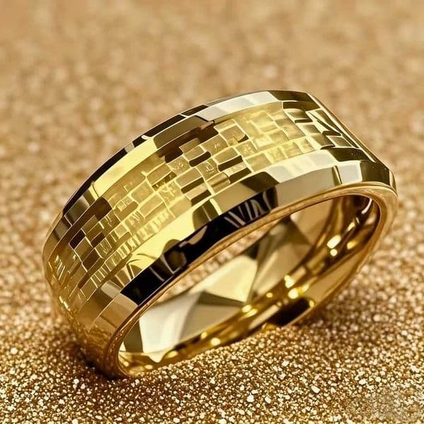 Gold Color Carbon Fiber Inlay Rings For Men Luxury 8MM Men Gold Color Stainless Steel Rings Wedding Band Jewelry Drop Shipping L260527