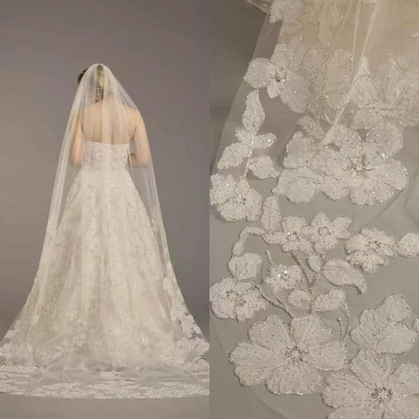 Charming Ivory Tulle Veil Featuring Finger-Like Edges and Delicate Beaded Accents Perfect Fit for Your Special Day V4830