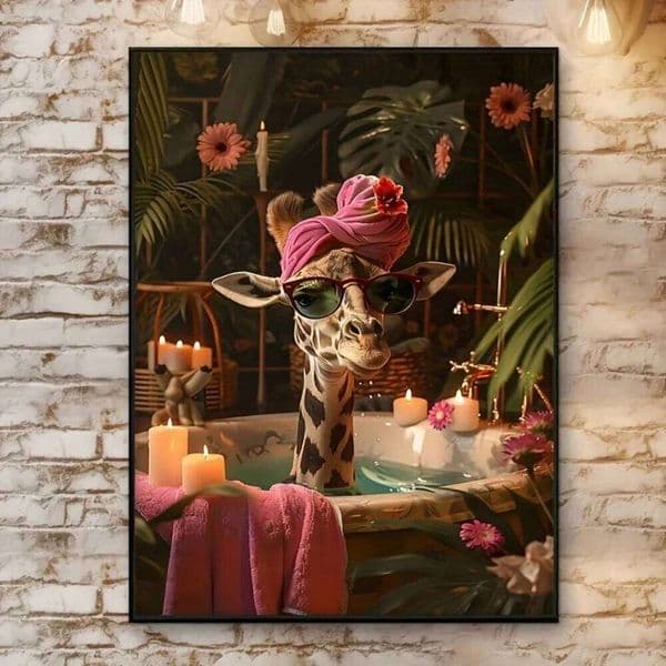 Frameless Giraffe Bath Canvas Wall Art 12x16 Inch Cartoon Animal with Pink Scarf Tropical Flowers for Kids Room Bathroom Decor W260527