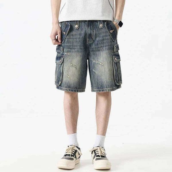 Men Vintage Washed Denim Cargo 3D Multi-Pocket Design Distressed Ripped Metal Button Loose Straight Five-Point Shorts W260527