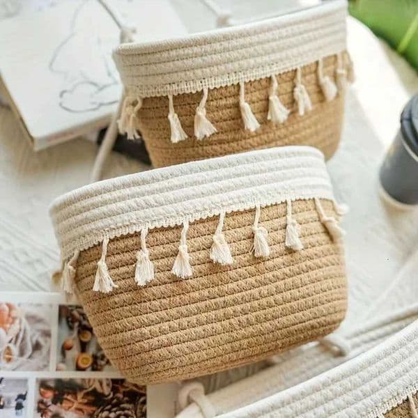 1pcs Handwoven 3-Tier Double Tassel Hanging Basket Wall-Mounted Storage Organizer Woven Basket for Bathroom Kitchen BedroomJ260527