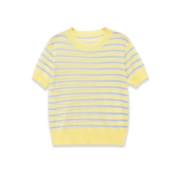 Elegant Fashion Yellow Blue Striped Short Sleeve Knit Blouse Women Crew Neck Slim Fit Summer Knitwear 260527