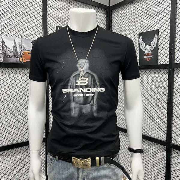 Summer Round-Neck Short-Sleeve High-End Fashion Printed Trendy Letter B Brand T-Shirt Slim-Fit Top Men's Clothing