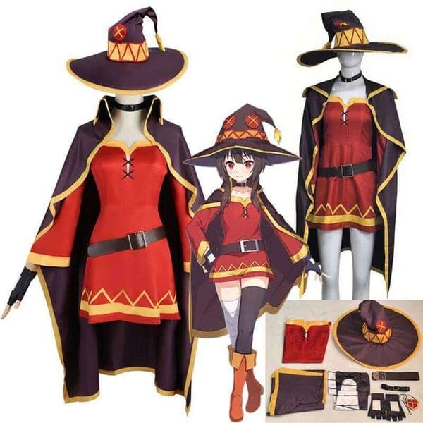 Anime KonoSuba Megumin Cosplay Classical Witch Costume Uniform Cloak Hat Blindfold Stocking for Halloween Party Women