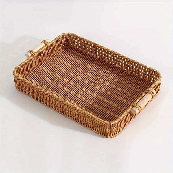 PP Woven Storage Basket with Wooden Handle Modern Rectangular Shallow Bin for Living Room Bedroom Kitchen Hotel ServiceJ260527