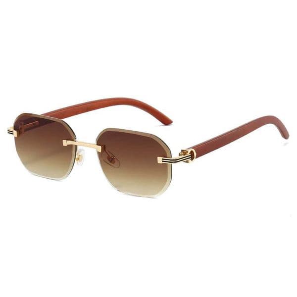 Hexagon Rimless Sunglasses Men Women Fashion Eyewear Wooden Texture Temple Simplify Square Sun Shades H260527