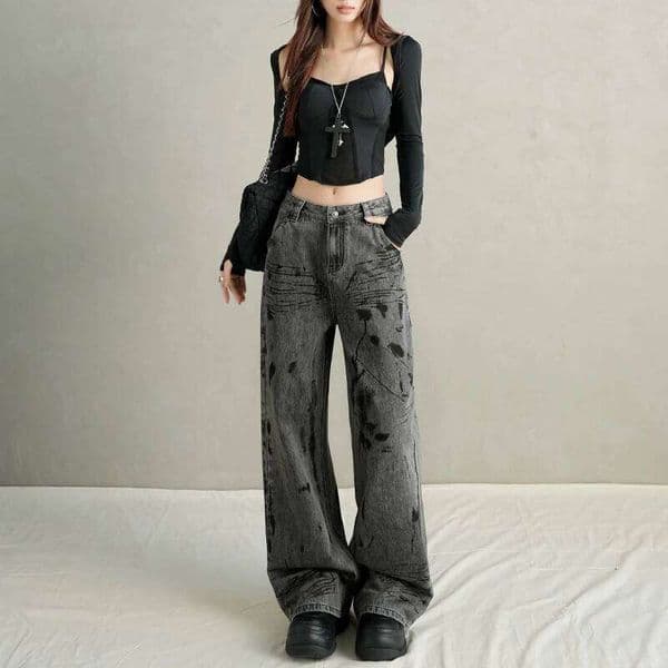 Womens American Custom Tie Dye Jeans Black Grey Apocalyptic Style Loose Straight Wide Leg Denim Pants