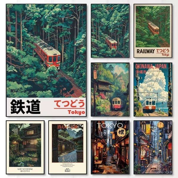 Retro Japanese Railway Landscape Canvas Print Tokyo Rainy Night Street Wall Art Poster for Modern Living Room Bedroom Home Decor W260527