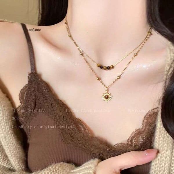 Vintage Gold Sunflower Tiger Eye Stone Necklace for Women, Unique Design Layered Sweater Chain, Autumn Winter Collarbone Chain Accessory