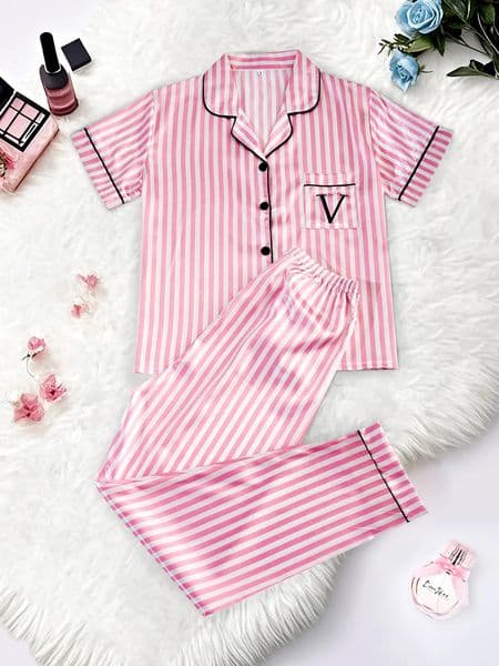 Classic Striped Print And Pocket Letter Short-Sleeve Long Pants Pajama Set Satin Sleepwear with Lapel Collar and Button Detail 260519
