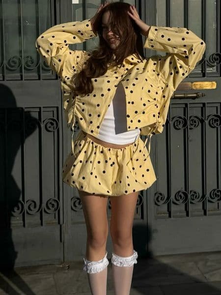 HH 2026 Women Fashion Long Sleeves Single Breasted Shirring Polka Dot Short CoatCasual Elastic Waist Balloon Fit Shorts Set 260526