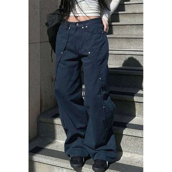 Jeans for Woman Y2k Clothes Relaxed Loose Fit Wide Leg Trousers Vintage American Retro Style with Rivet Patchwork Split Design
