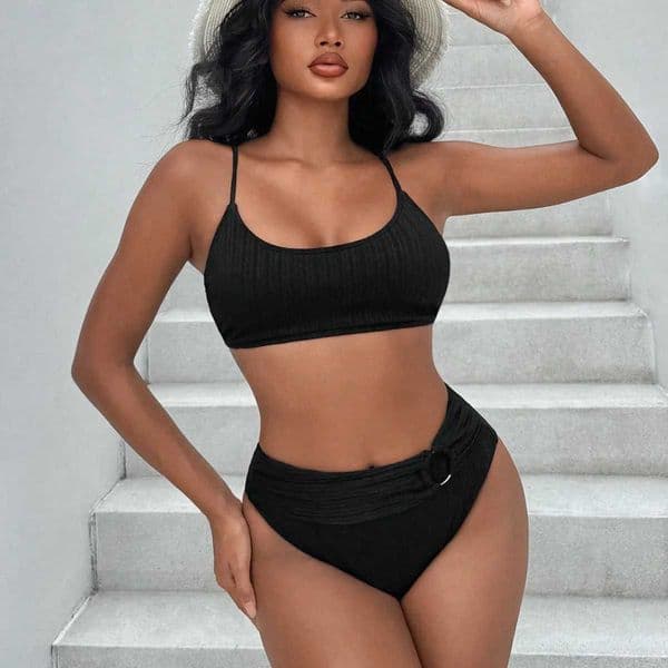 The new European and American bikini solid color three-point sexy black swimsuit womens split adjustable M260526