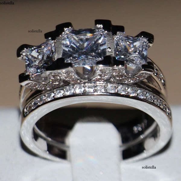 Wholesale Jewelry Vintage sterling sier three stones Simulated Dia Zirconia Wedding Engagement Rings SET for Women love Size 5-11