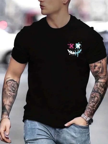 Mens summer 100 cotton fashionable casual sports loose smiling face pattern printed round neck short slved T-shirt top D260527