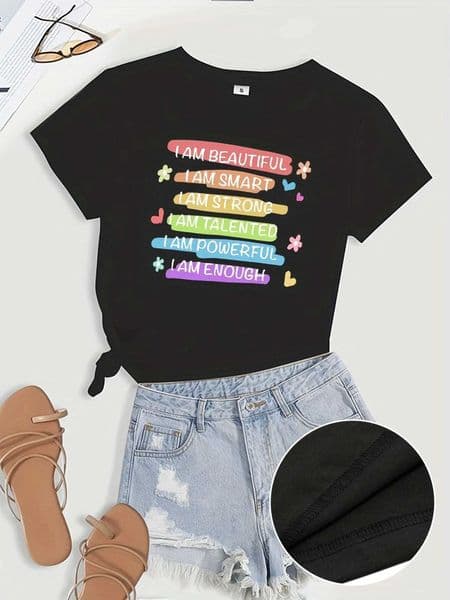 Letter Print T-Shirt Short Sve Crew Neck Casual Top for Summer Spring Womens Clothing Y2k Top D260528