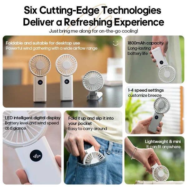 Portable Mini Handheld Folding Fan 1800mAh LED Display Desktop Rechargeable Fan 4-speed Wind Angle Adjustable for Outdoor Travel C260528