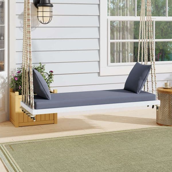 TOPMAX Patio Wooden Chair, Hanging Porch Swing Bench with Cushion&Pillows, 10.8Ft Hemp Ropes for Garden,Backyard, Lawn,White