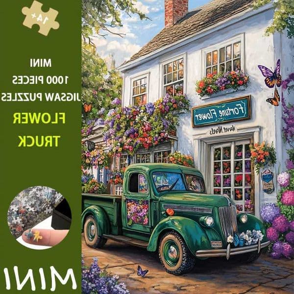 1000pcs Mini Jigsaw Puzzle - Vintage Flower Truck Art Rectangle Shape Ideal for Adults Family Wall Decor 1496x1024inch M260528