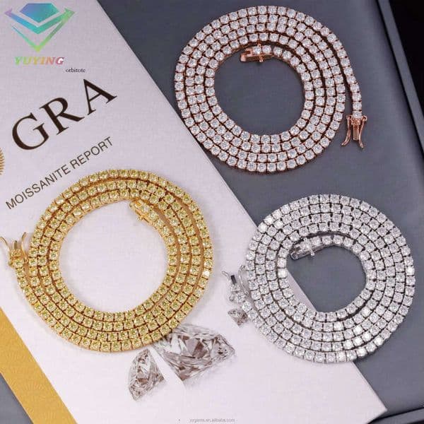 Hip Hop Sier VVS Moissanite Tennis Chain 2mm 3mm 4mm 5mm 6.5mm Necklace Bracelet Men and Women Jewelry