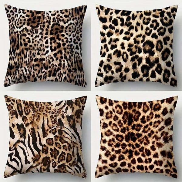 4pcs Bohemian Retro Leopard Print Pillow Covers, Polyester Zipper Cushion Cases for Living Room Sofa Home Decor W260528