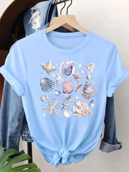 Seashell Starfish Womens Tee - Coastal Beach Graphic Casual Light Blue Top D260528