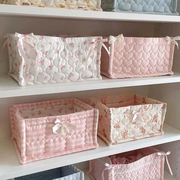 Square Storage Basket Lace Flower Desktop Organizer Storage Basket Korean Quilted Storage Basket Cute Storage Frame Home DecoratJ260527