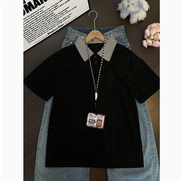 2026 New Designer Summer American Heavy Duty Fishbone Collar Fashionable Breathable Casual Men's T-shirt Loose Splicing Half Sleeve POLO Top Short Sleeve