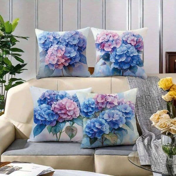 4Pcs Blue Pink Hydrangea Pillow Covers, Watercolor Floral Cushion Cases for Bedroom Living Room Cozy Elegant Home Decor 26L0526 Pillow Case