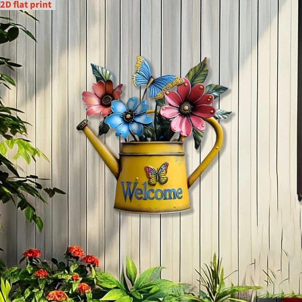 2D Flat 1pc Rustic Iron Watering Can with Flowers Butterflies Wall Art Print Metal Outdoor Decor for Porch Patio Garden 260527