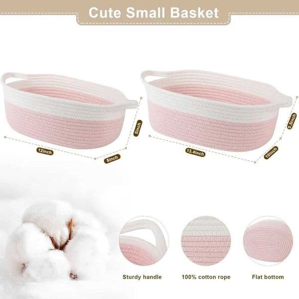 Small Woven Gift Basket with Handle 12x8x5 inches Includes Gift Bag Ribbon Tissue Paper Dog Toy Storage Pink White J260528