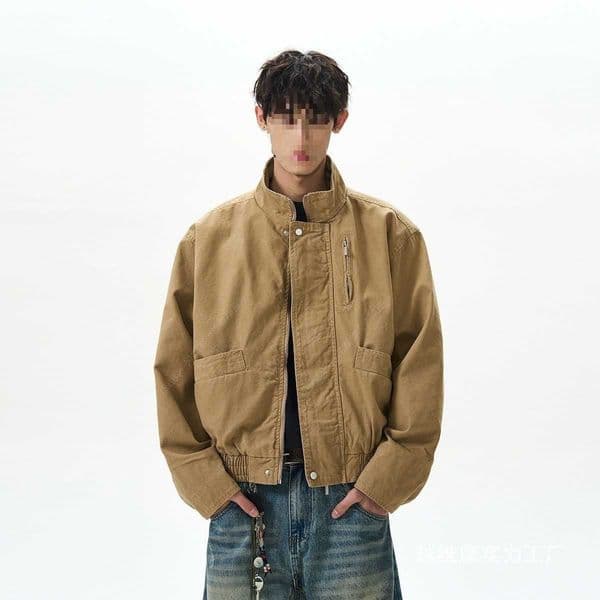 Stand Collar Bomber Jacket for Men New American Style Loose Short Barn Style Workwear Jacket for Spring and Autumn L260528
