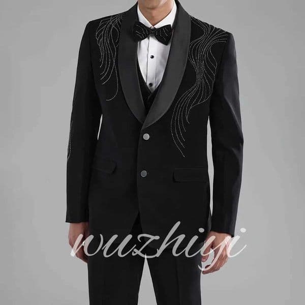 Luxury Black Men Suit Slim Fit Shawl Lapel Single Breasted 2 Piece Sets Wedding Groom Prom Beading Suits Male Customized Q260528