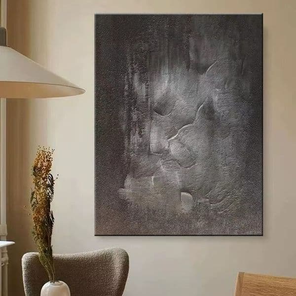 Hand Drawn Black Thick Textured Oil Painting on Canvas Abstract Wabi-Sabi Artwork Decor for Room Wall Art Office and Hotel Decoration
