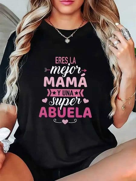 Womens Casual Short Sve T-Shirt for Living Room Lightweight Comfortable Spanish Text for Family Gatherings and Daily Wear D260528