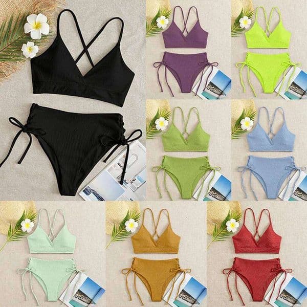 Women's High Waisted Bikini Sets Two Piece Swimsuit Tummy Control Bathing V Neck Swimwear 2025 Swim Suit 26L0528