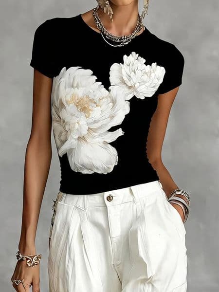 UOOZEE Womens Floral Printed Slim Fit Black TShirt 2026 Short Sleeves RoundNeck Summer Casual Daily Female Tops Tees 260528