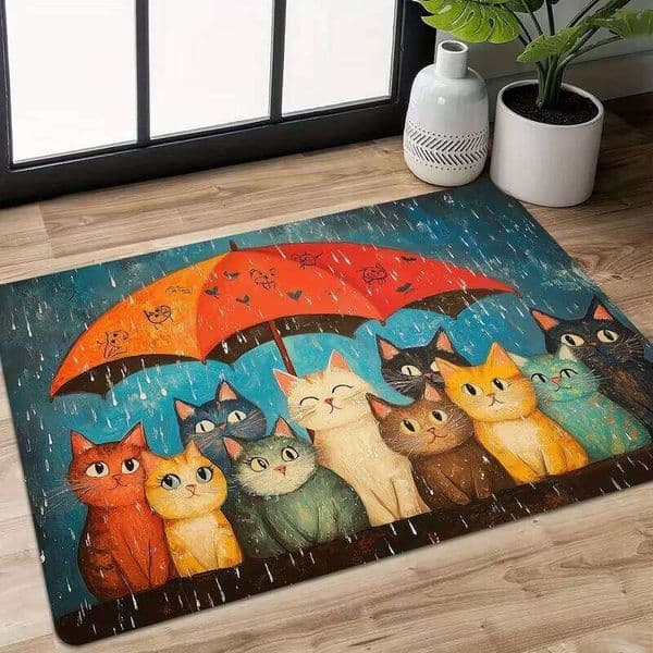 1pc Cat-Themed Floor Entryway Bathroom & Dining Non-Slip Rug with Umbrella Kitten Rain Indoor Mat for Cat Zone Decor 26L0528