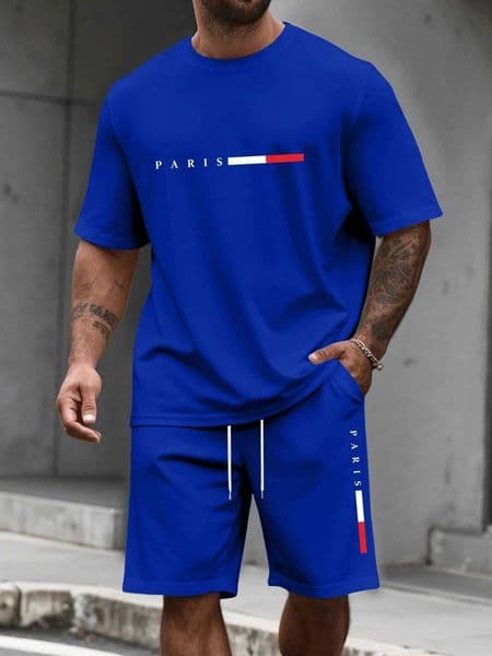 Paris Letter Print Men Spring and Summer Two Pieces Set Casual Round Neck Short Sleeve T-shirt Shorts Sport Suit Print Clothing Q260528