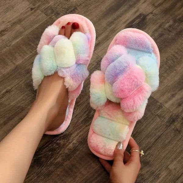 Winter Rainbow Slipper Ladies Women Colorful Plush Warm Flooring Non Slip Home House Shoes Flats Fluffy Family Footwear Z260527
