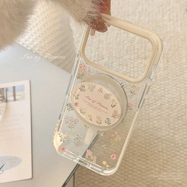Korean Full Screen Colorful Flowers Magnetic Bracket Phone Case For iPhone 17 16 15 14 13 12 Pro Max Clear Shockproof Soft Cover Z260528