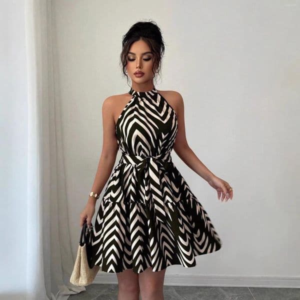 Casual Dresses 2026 Summer Fashion Temperament Halter Neck Sleeveless Stand Collar Wavy Striped Printed Dress And Skirt