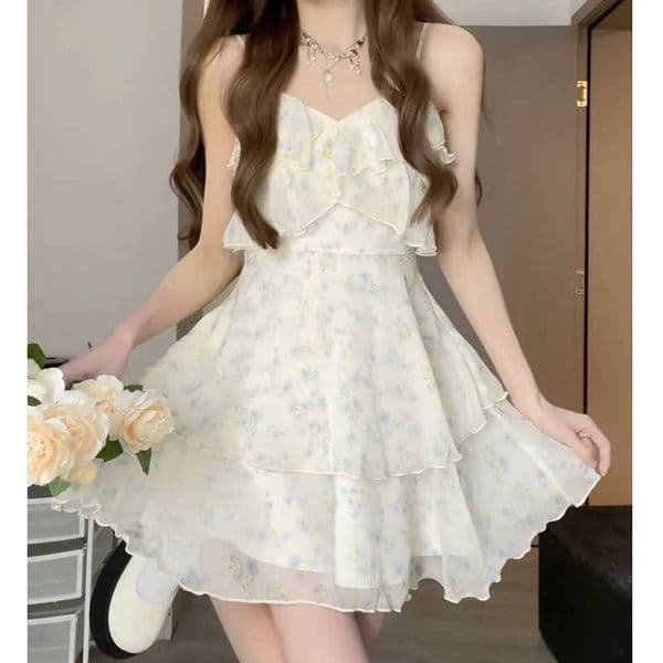 Women Floral Camis Dress Summer Fashion Sexy Sleeveless V Neck Slim Dress Sweet Ruffles Chic Elegant Female Vestidos M260528