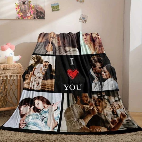 Custom Photo Blanket Personalized Valentines Day Couple Photo Flannel Blanket Soft Warm for All Seasons Perfect for Bed Sofa C260528